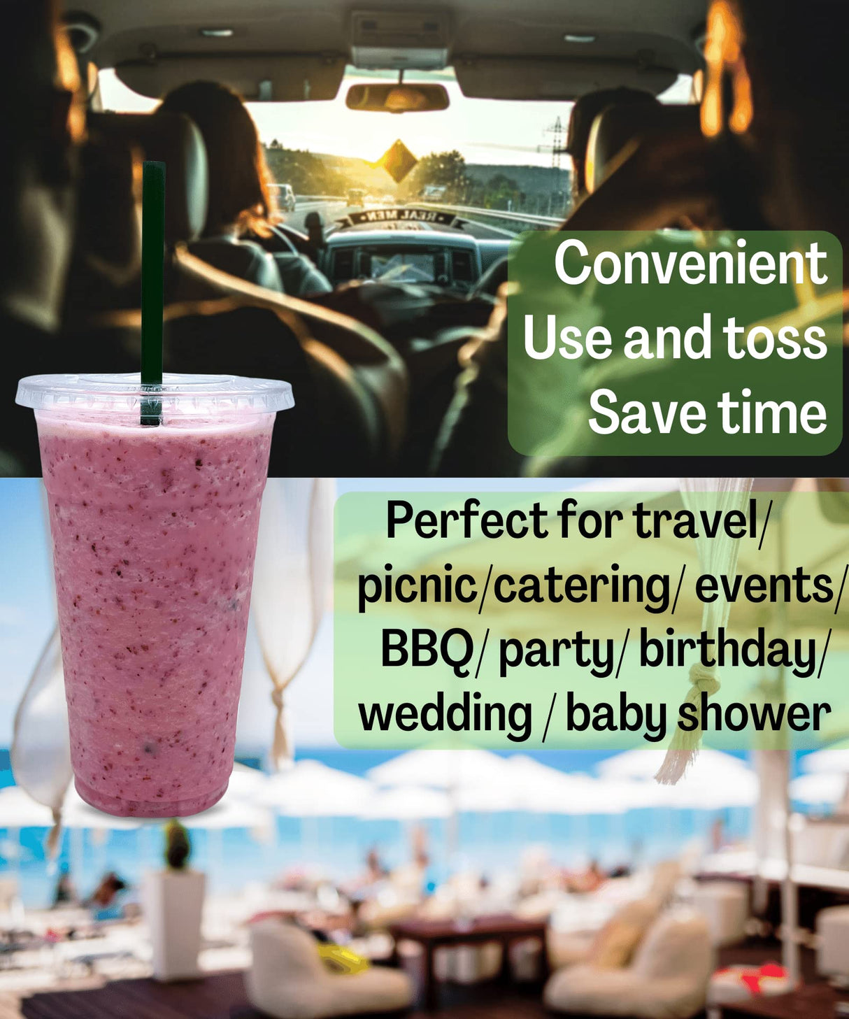 24 oz Clear Plastic Cups with Lids and STRAWS, Disposable Drinking Cups for Cold Drinks, Iced Coffee, Milkshakes, Smoothies, 25 Sets