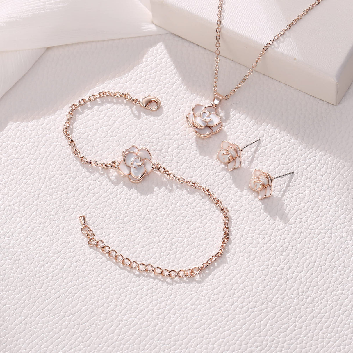 EleQueen 3Pcs Rose Flower White Rose Gold Plated Child Jewelry Set