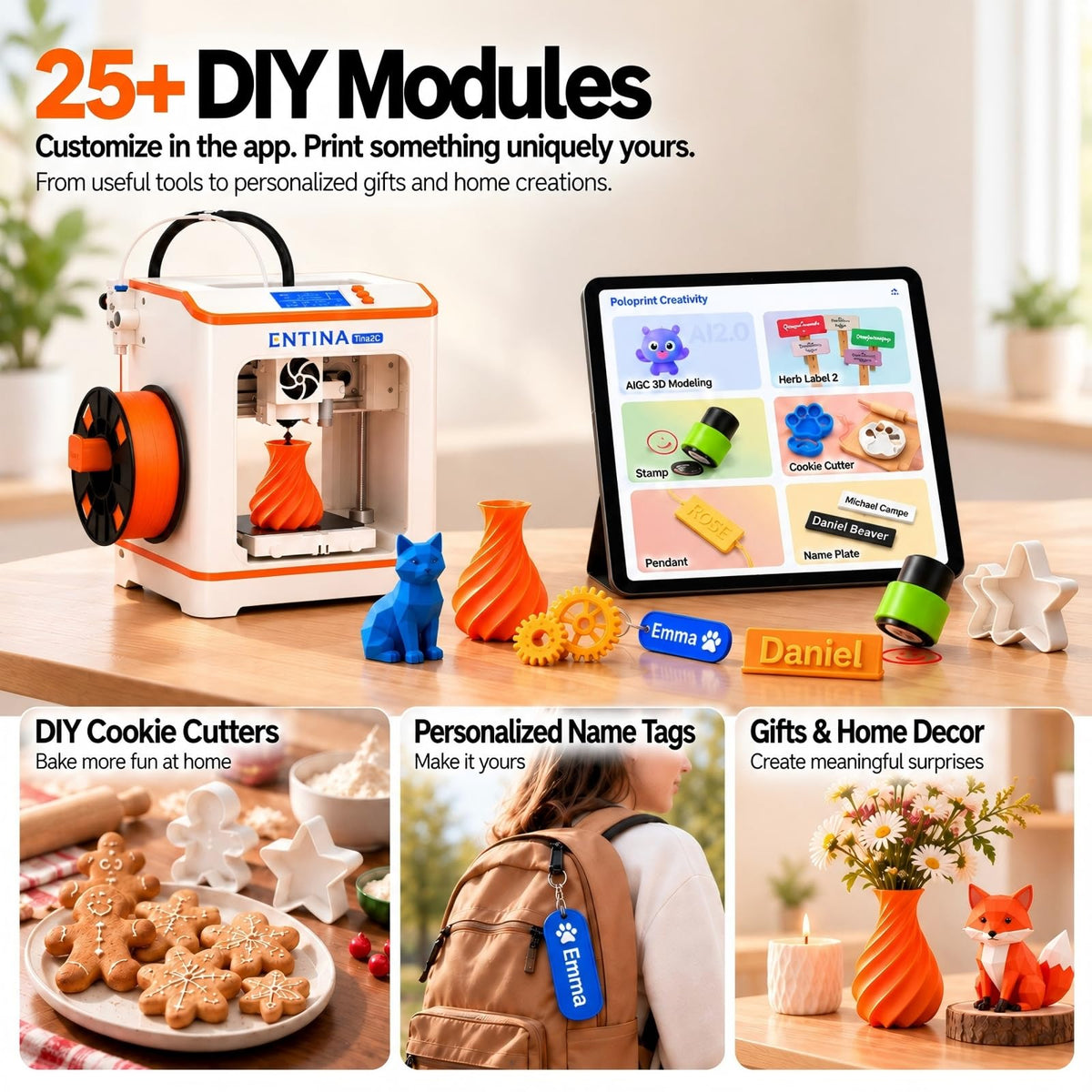 Entina Tina2C 3D Printer for Beginners, Fully Assembled Starter Mini 3D Printer, Start in 8 Mins, App & WiFi Control, Auto Leveling, 3500+ Model Library, 25+ Creative DIY Modules for STEM, Home
