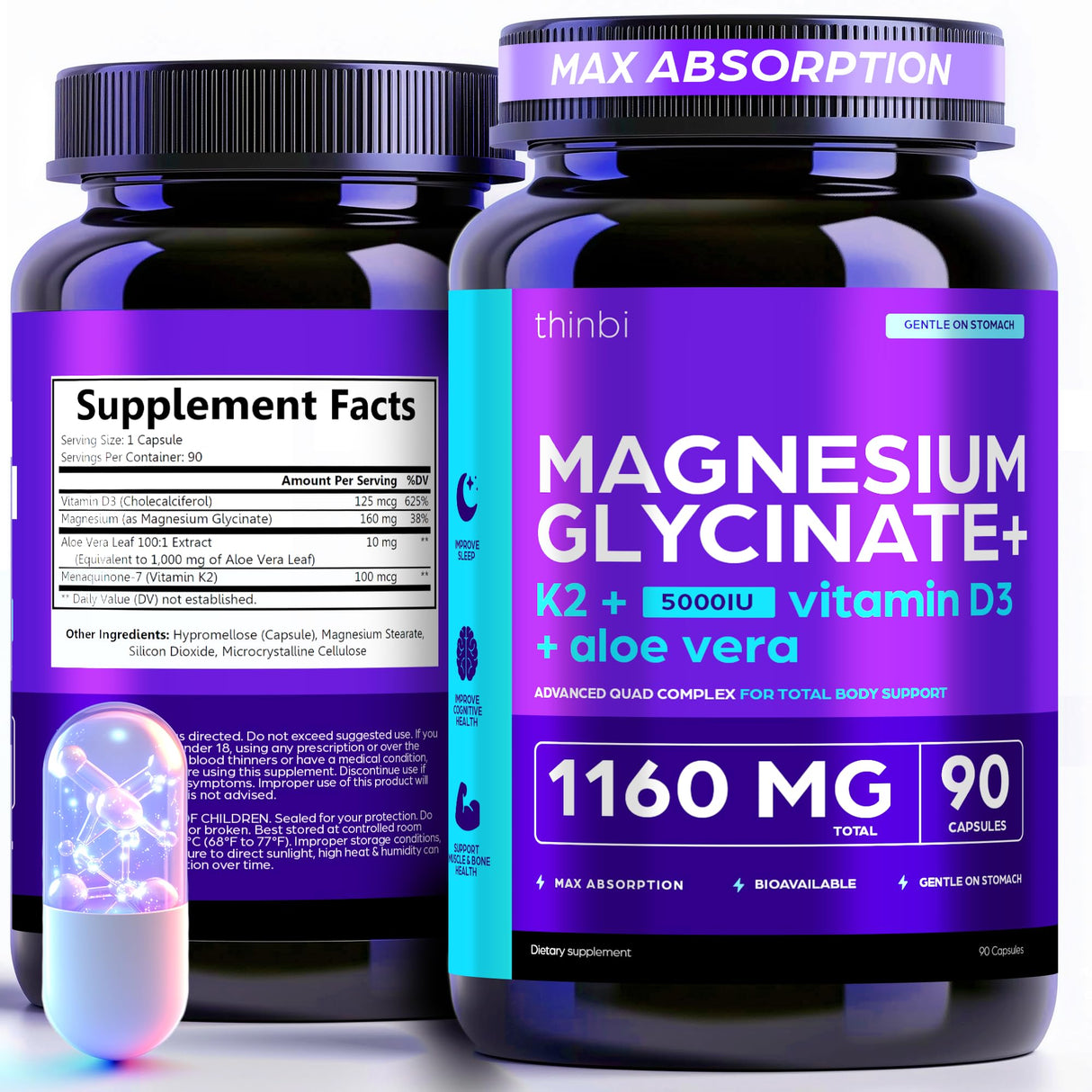 Magnesium Glycinate 1160mg + Aloe Vera, D3 & K2 Complex 90 Capsules – High Absorption, Non-Laxative – Supports Healthy Stress Response, Muscle Function & Healthy Metabolism – Chelated Formula