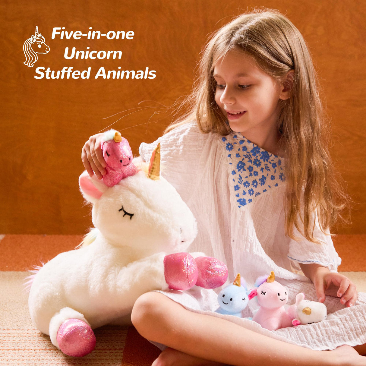 Vposyako 5 Pieces Unicorn Toys Stuffed Animals for Girls, 1 Mommy Unicorn with 4 Babies, Soft Plush Toys Gifts for Girls 3 4 5 6 7 8 9 Years, Kids, Children, Christmas, Birthday, Valentine's