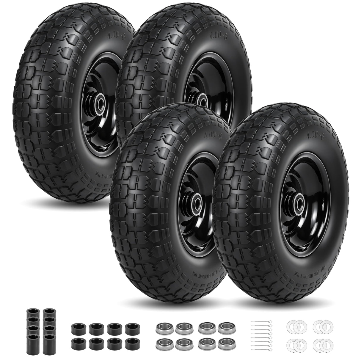 4Pc,13x4.0-6 Flat Free Tire and Wheel Replacement for Gorilla Cart,5/8"Axle