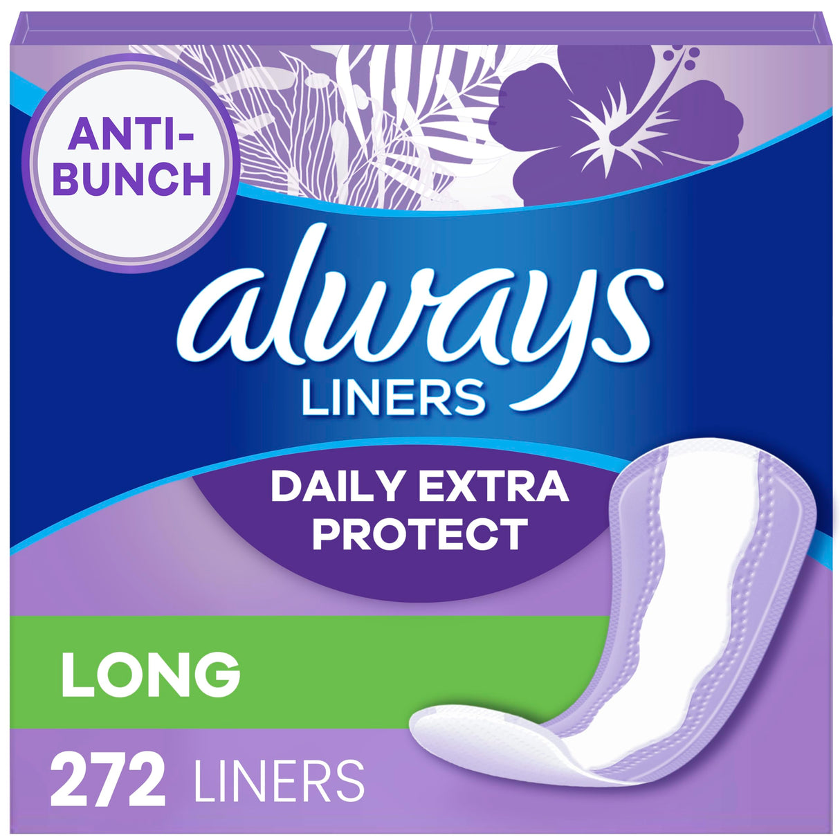 Always Anti-Bunch Xtra Protection Daily Liners, Long Length, Unscented, 136 Count x 2 (272 Count Total)