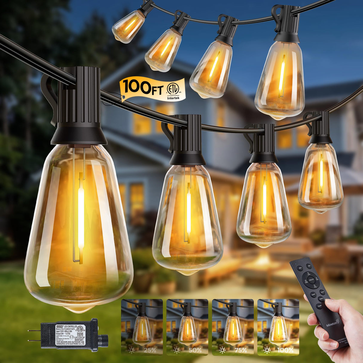 Minetom 100FT Outdoor-String-Lights with Remote, Shatterproof ST38 LED Bulbs, Waterproof Patio Lights with 3 Modes, Dimmable & Connectable 2700K Hanging Lights for Backyard Porch Deck Balcony