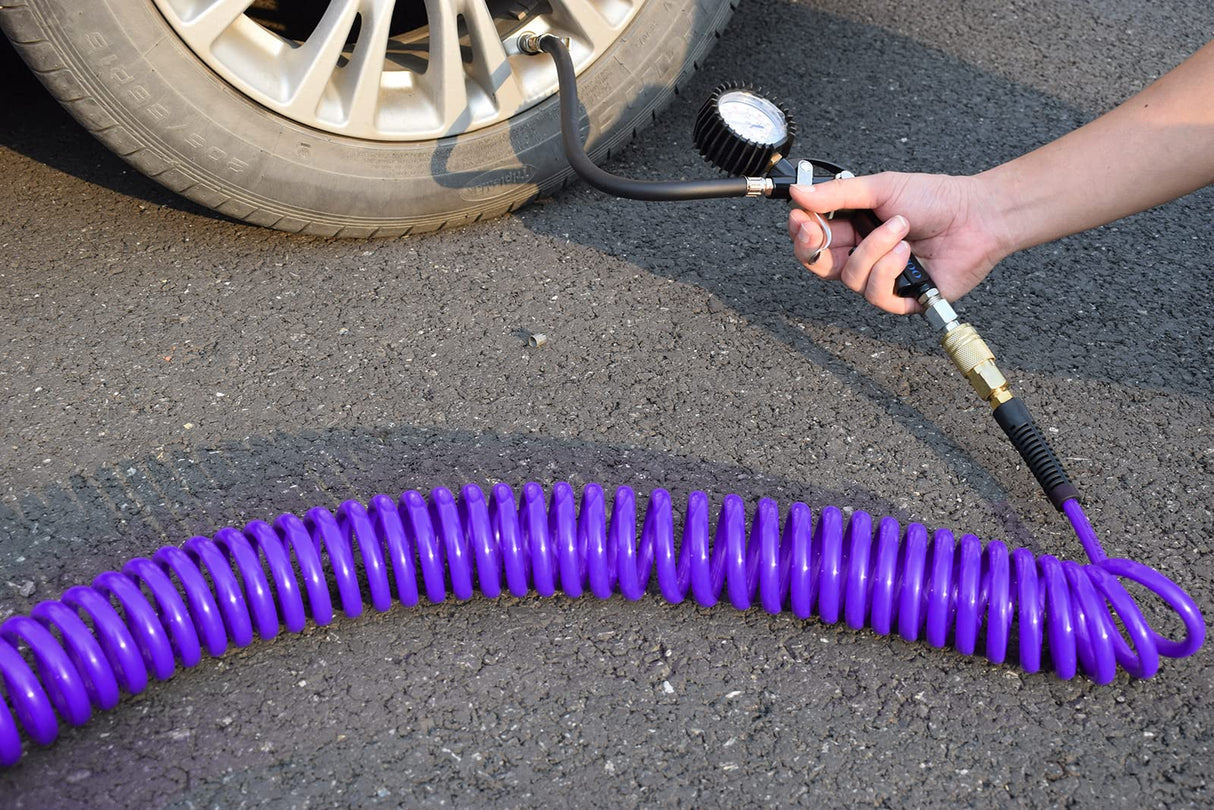 YOTOO Polyurethane Recoil Air Hose, Air Compressor Hose 1/4" Inner Diameter by 25' Long with Bend Restrictor, 1/4" Industrial Quick Coupler and Plug, Purple