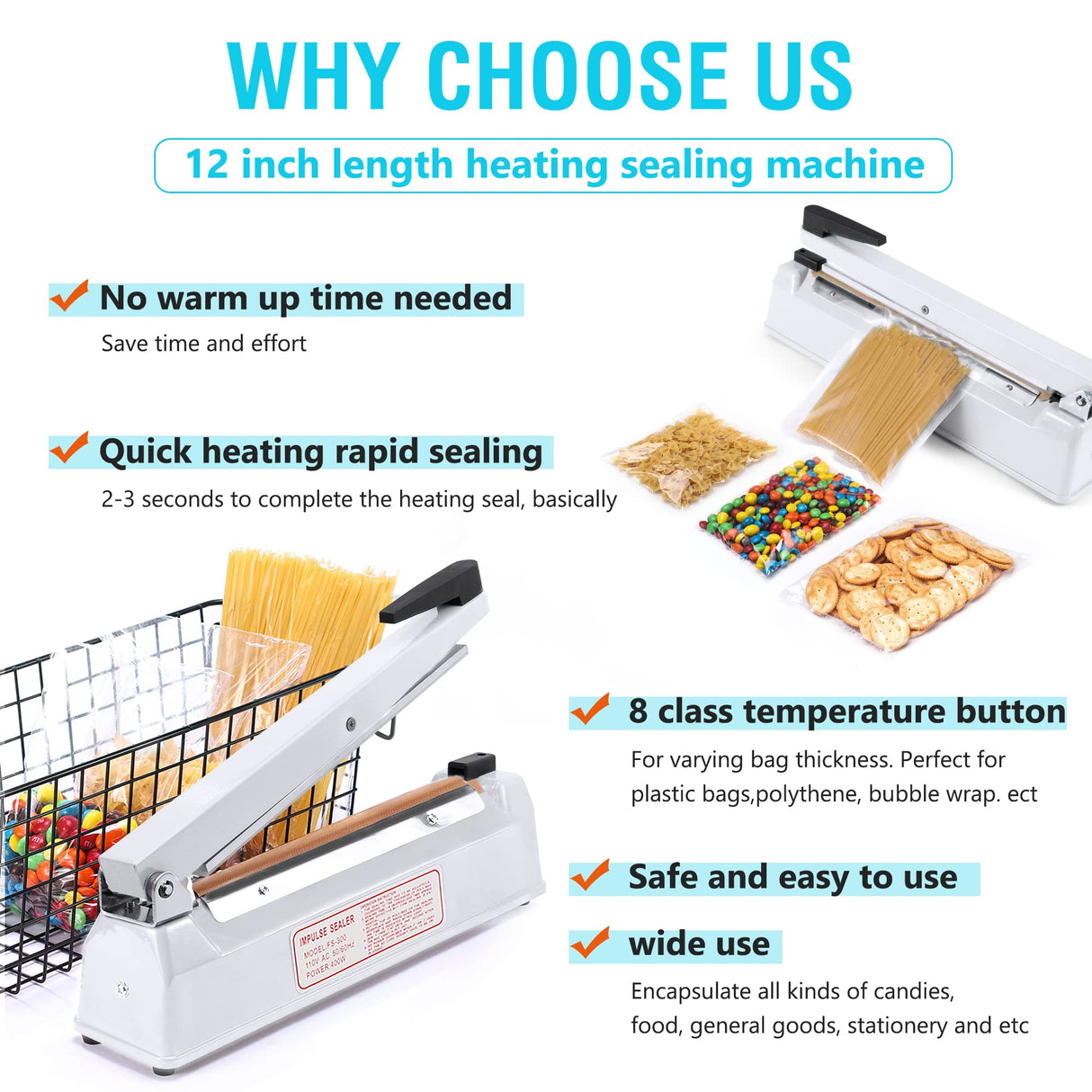 METRONIC Impulse Sealer 12 Inch, Heat Sealer Machine with Repair Kit, Manual Bag Sealer, Heavy Duty Impulse Heat Sealer for Plastic Bags, Shrink Wrap Bags (White)