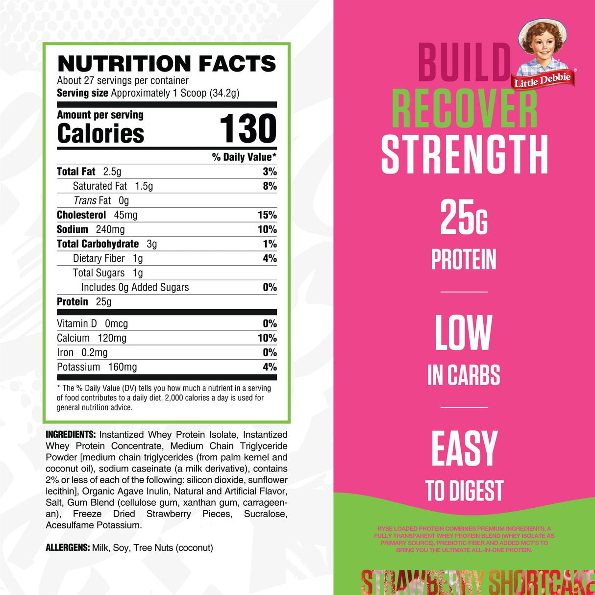 RYSE Loaded Protein Powder - Little Debbie Strawberry Shortcake Rolls - 25g Whey Protein Isolate & Concentrate with Prebiotic Fiber & MCTs - Low Carb & Low Sugar - 27 Servings / 2 lb Tub