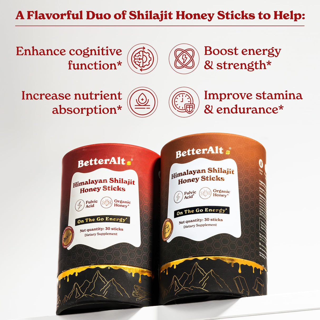 Better Alt Pure Himalayan Shilajit Sticks with Organic Honey, Saffron| Easy to Consume|30 Sticks for Energy Boost & Immune Support, 85+ Trace Minerals, 75%+ Fulvic Acid (Pack of 2) Cinnamon + Caramel