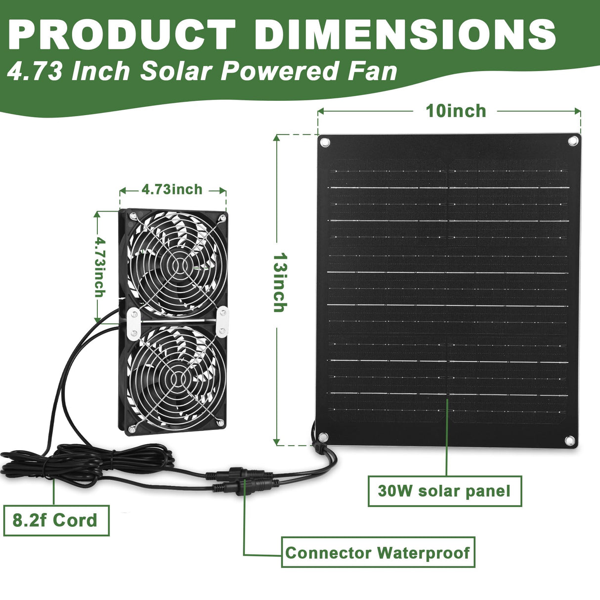 Solar Fan, 30W Solar Powered Fan, Solar Panel Fan Kit, IPX7 Waterproof Fans Exhaust Intake Mounting for Outside Greenhouse Shed Chicken Coop