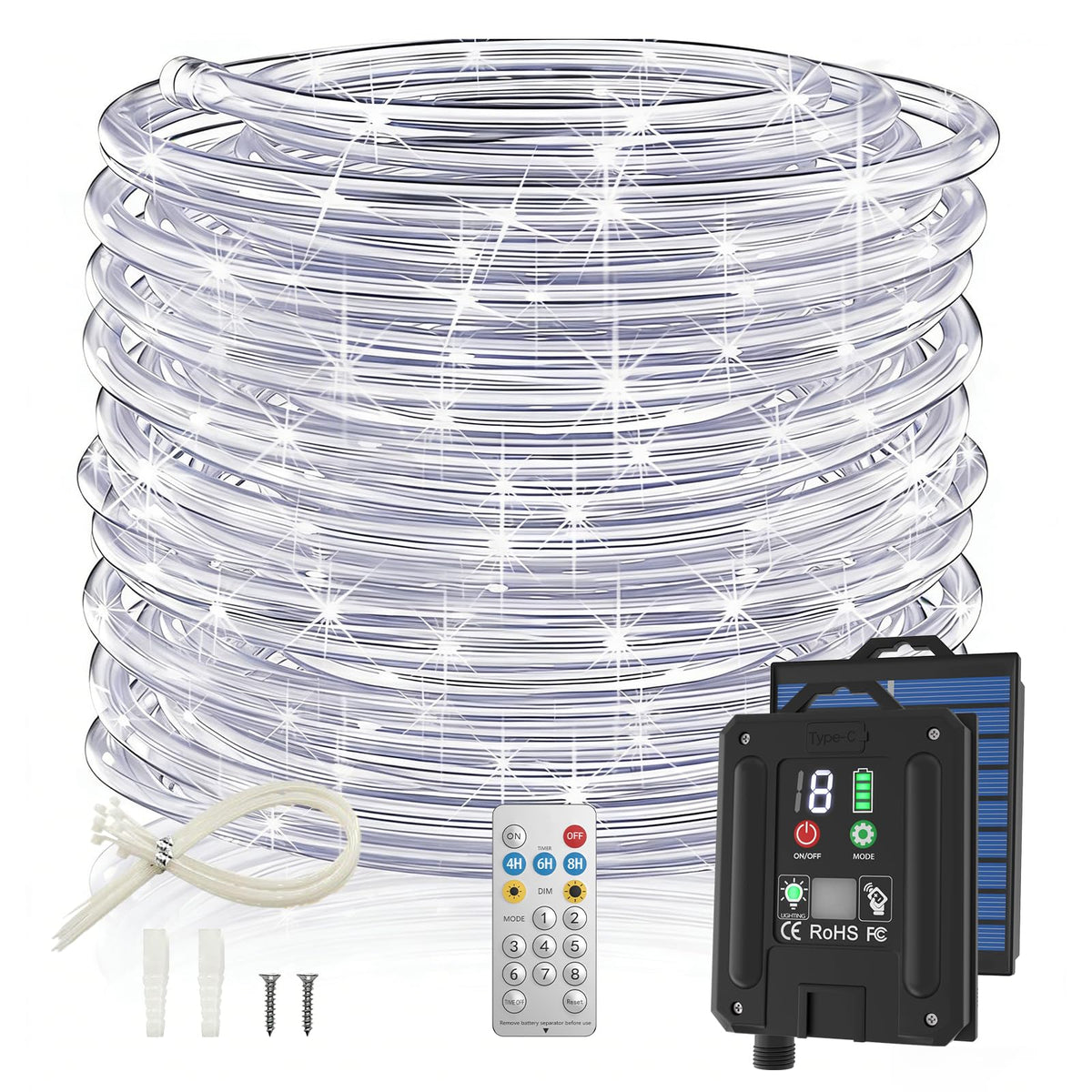 Solar Rope Lights, 66FT 200LED 1800mAh Outdoor IP67 String Lights (White)