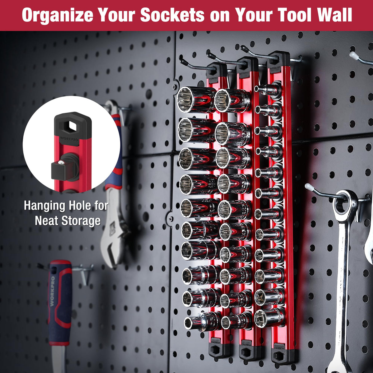 WORKPRO Magnetic Socket Organizer Set, 3-Piece Aluminum Alloy Socket Rail, Heavy Duty Socket Holder, Socket Rack Kit 1/4-Inch x 12 Clips, 3/8-Inch x 10 Clips, 1/2-Inch x 10 Clips (Red)