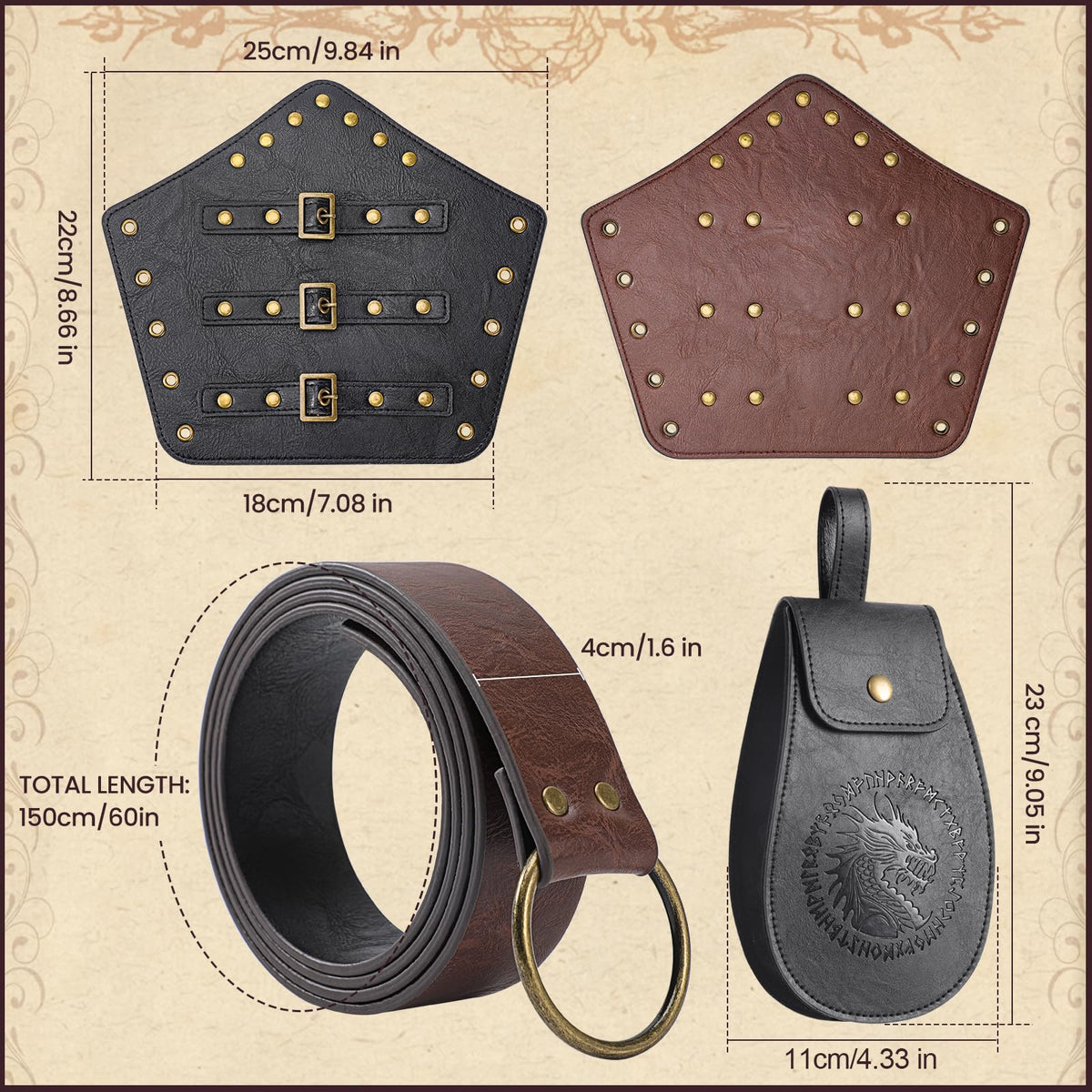Berenlu Renaissance Accessories, Medieval Belt & Faux Leather Bracers