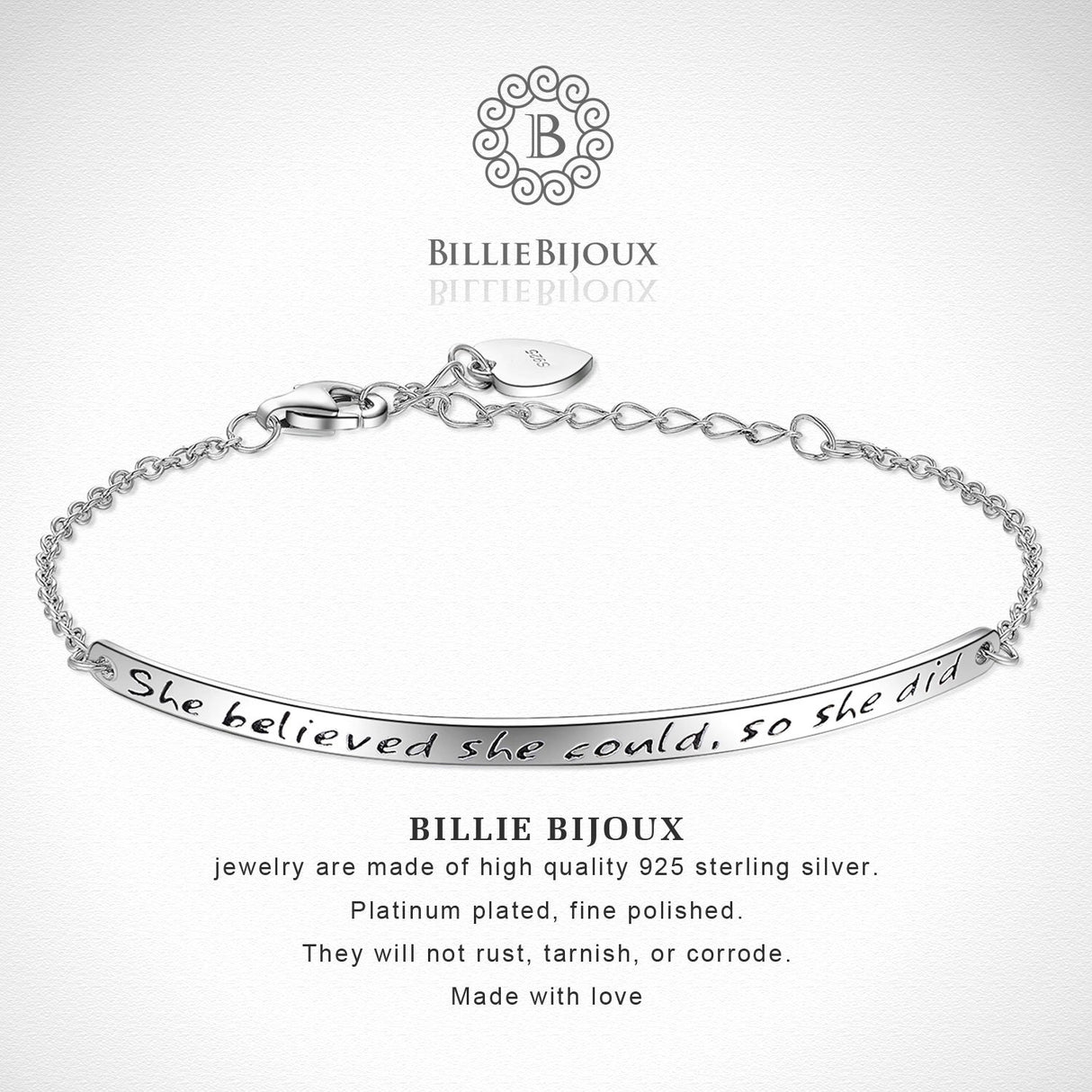 Billie Bijoux Graduation Gifts 925 Sterling Silver Women Engraved Inspirational Adjustable Bracelet “She Believed She Could So She Did” Friendship Gifts (A-silver)