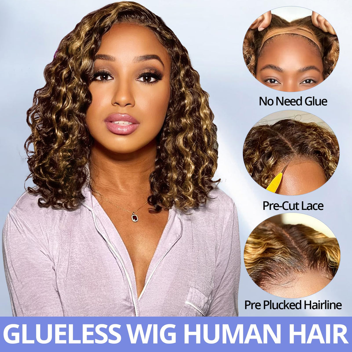 Eyefanniy Glueless Wigs Human Hair pre plucked Pre Cut Blonde Highlights Short Curly Bob Lace Front Wigs for Black Women 4x4 Lace Closure Wig with Elastic Band for Beginners 10 Inch