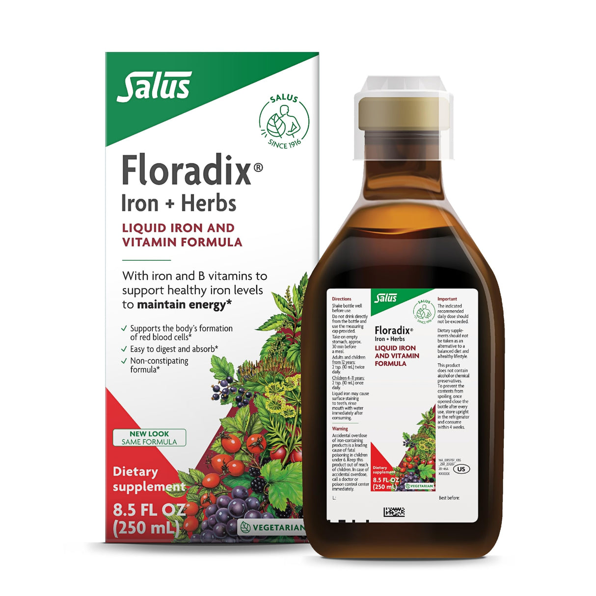 Floradix by Salus Iron & Herbs - Liquid Herbal Supplement for Energy Support* - Iron Supplement with Vitamin C & B Complex Vitamins - for Men & Women - 8.5 Fl Oz