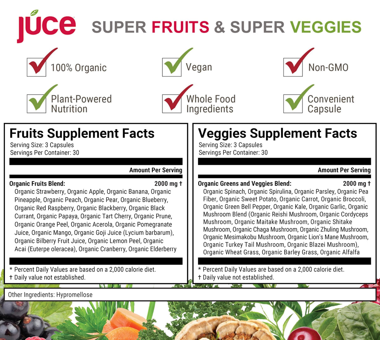 Juce Original Formula - Organic Super Fruit & Veggies Supplement - Gluten/Gelatin Free, Soy Free & Vegan- Reds & Greens Superfood Capsules- 23 Fruits & 23 Vegetables (180 Count)- By Terra Kai Organics