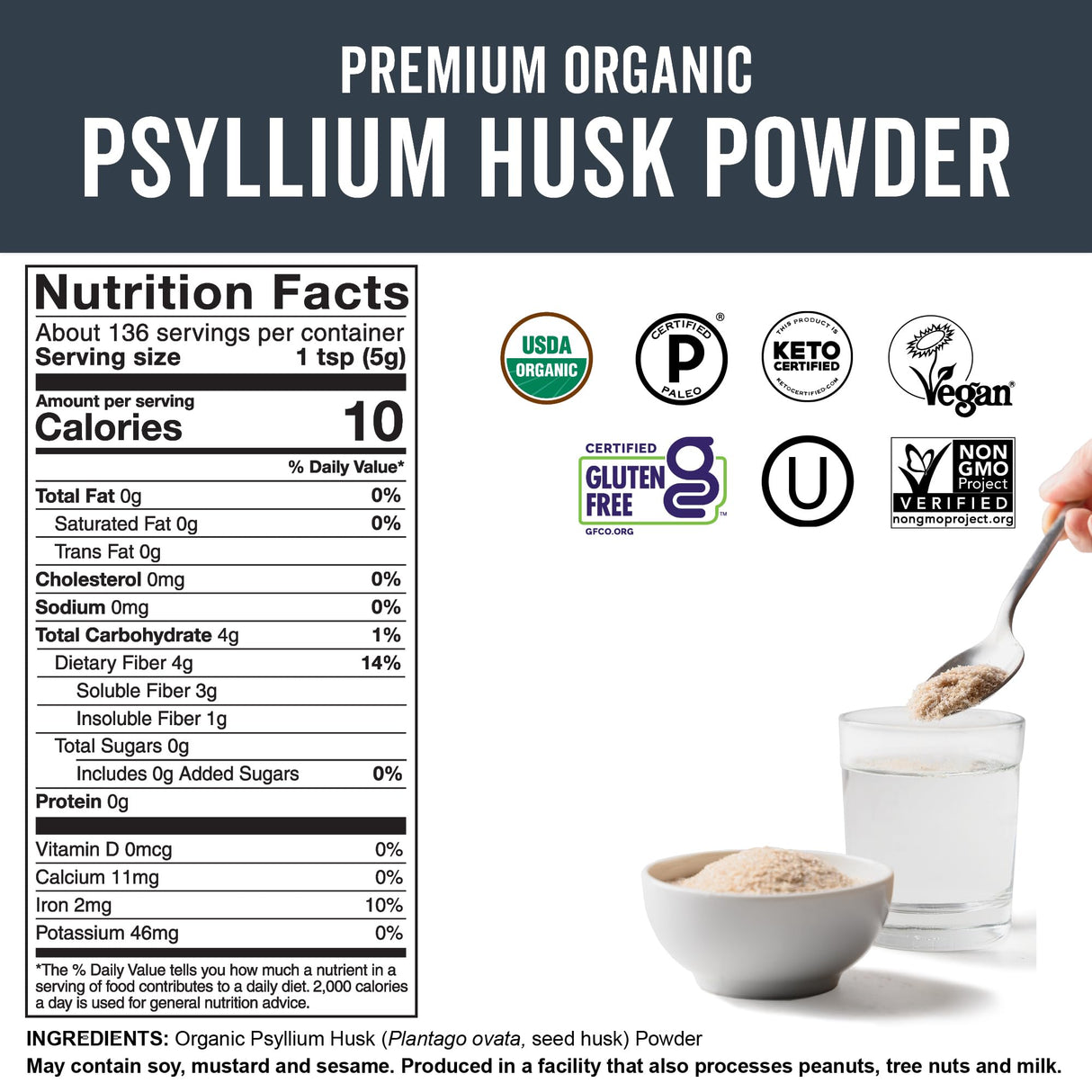 Viva Naturals Organic Psyllium Husk Powder, 24 oz - Finely Ground, Unflavored Plant Based Superfood - Good Source of Fiber for Gluten-Free Baking, Juices & Smoothies - Certified Vegan, Keto and Paleo