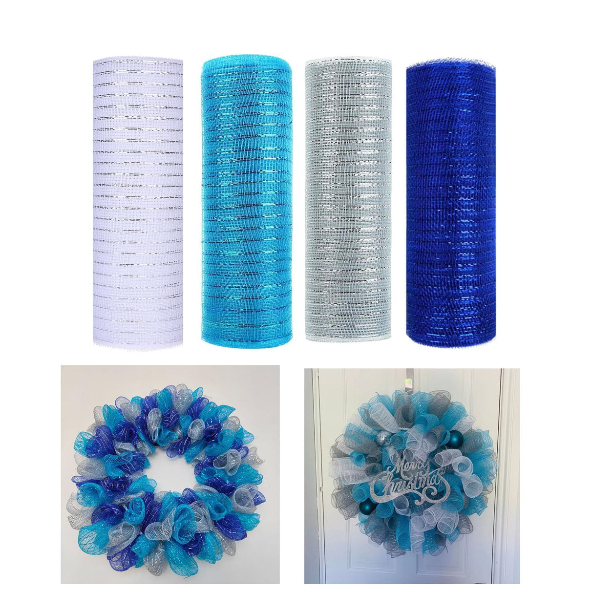 JStnana 4 Rolls Deco Mesh Ribbon for Chirstmas Wreath Making Supplies, 10Inch x 30Ft Metallic Burlap Mesh Blue Silve White Deco Mesh Rolls for Christmas Summer Blue Wedding Crafts Wreaths Decor