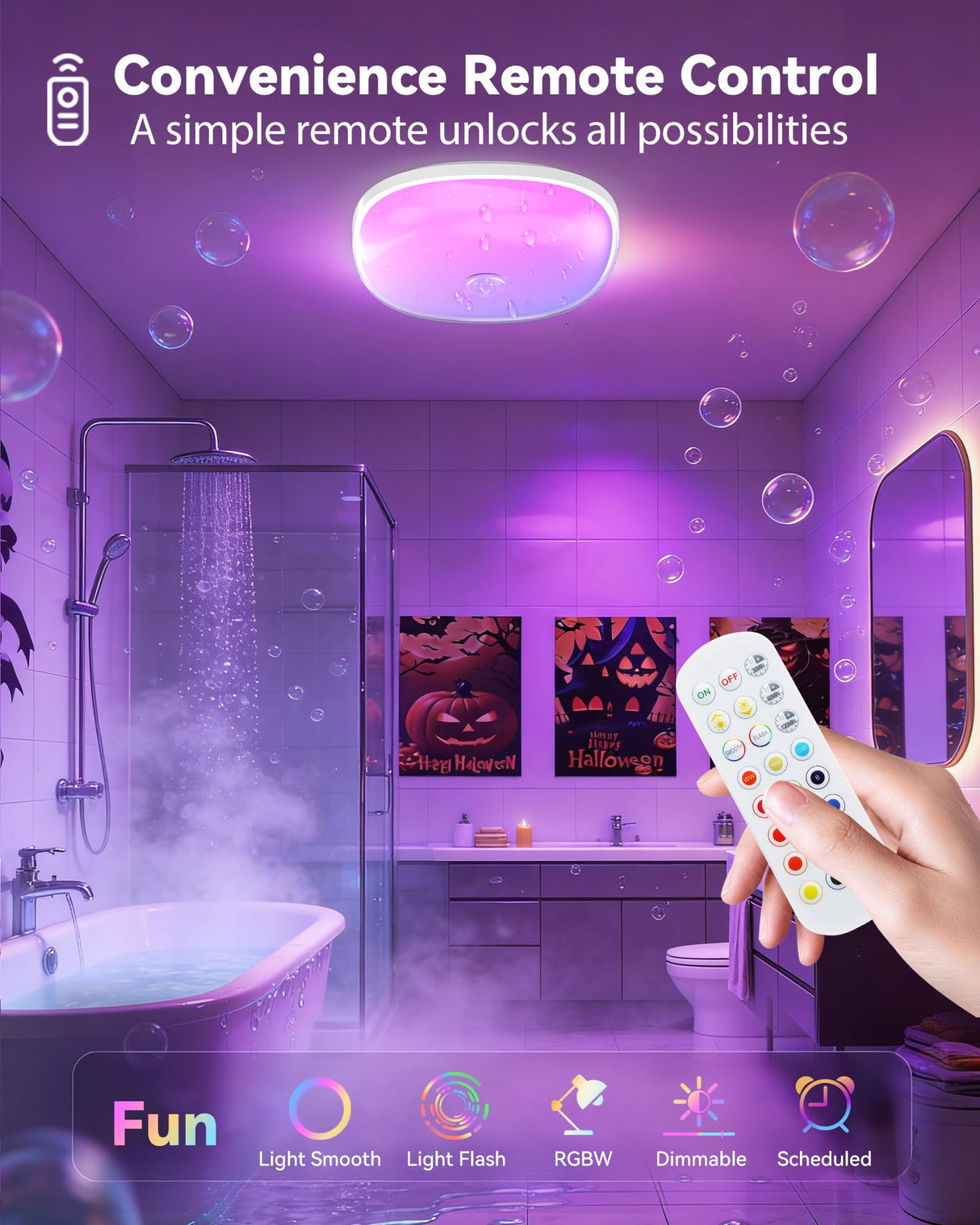 Gotopceed IP65 Waterproof Rechargeable Shower Light - 6โณ 300LM Bright, 16 Colors Bathroom Mood Lighting with Touch & Remote, Magnetic Wireless Ceiling/Wall Light for Inside Shower/Bathtub