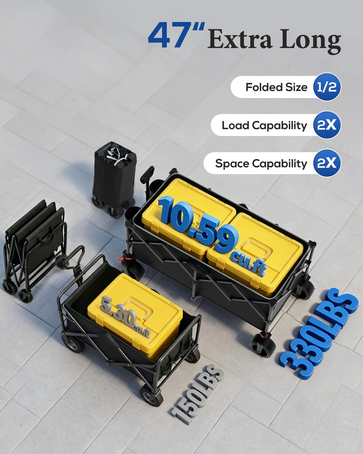 47" Collapsible Wagon Cart Foldable 300L Capacity Compact Folded Size