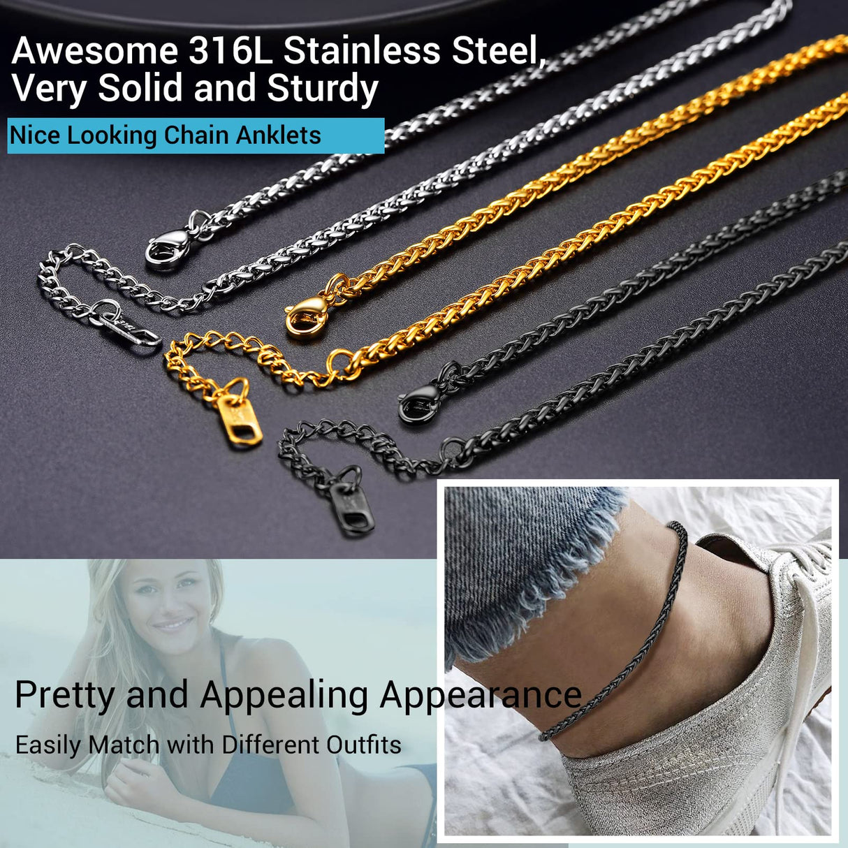 PROSTEEL Black Anklet Bracelet Ankle Bracelet Jewelry for Women Beach Anklets Stainless Steel Ankle Bracelts