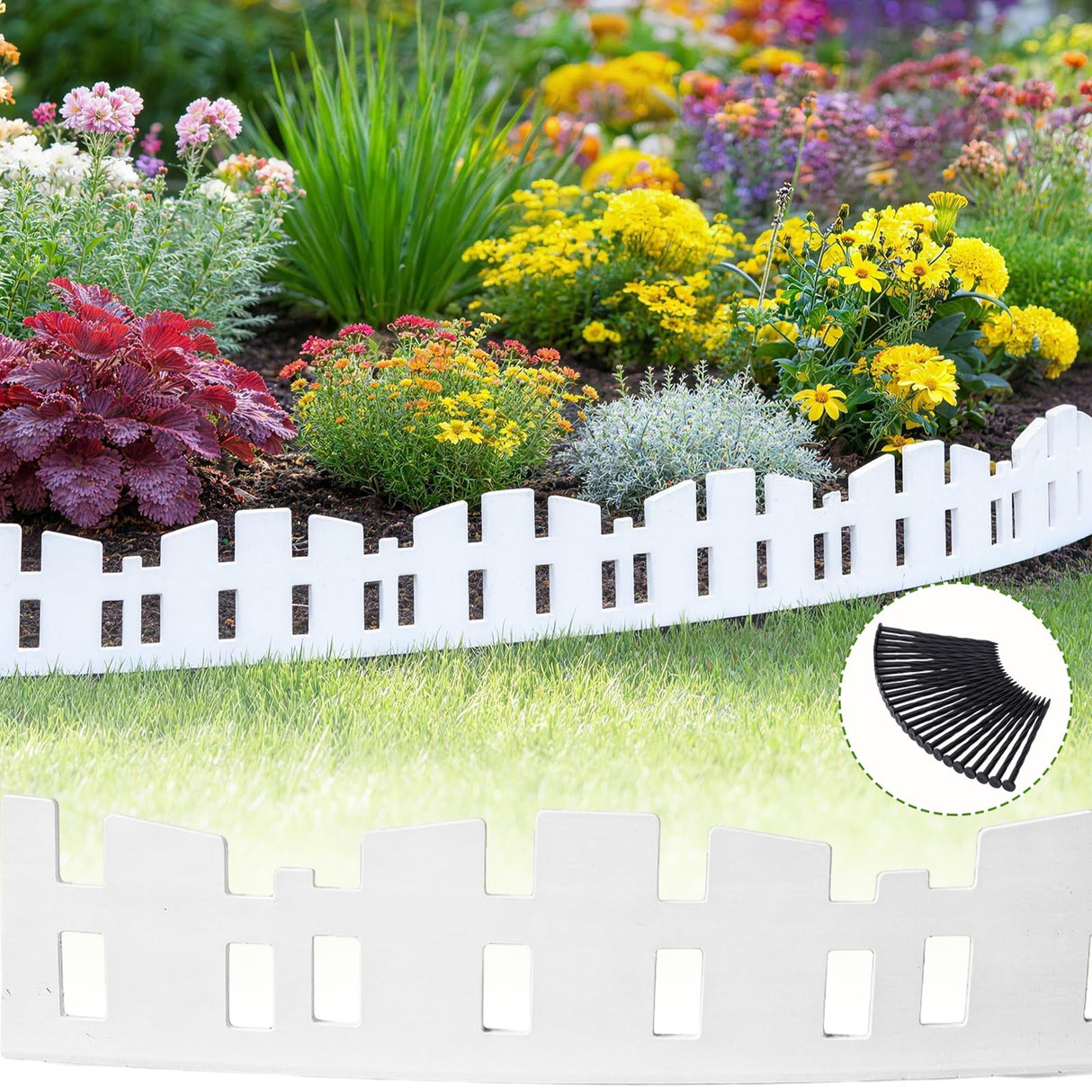 Garden Edging 33FT LOLEDE, 4.6IN Tall White Landscape Edging Border with 60 Stakes, Flexible Plastic Lawn Edging for Yard, Flower Beds,Tree Rings, Walkways & Garden Borders(Square-White)