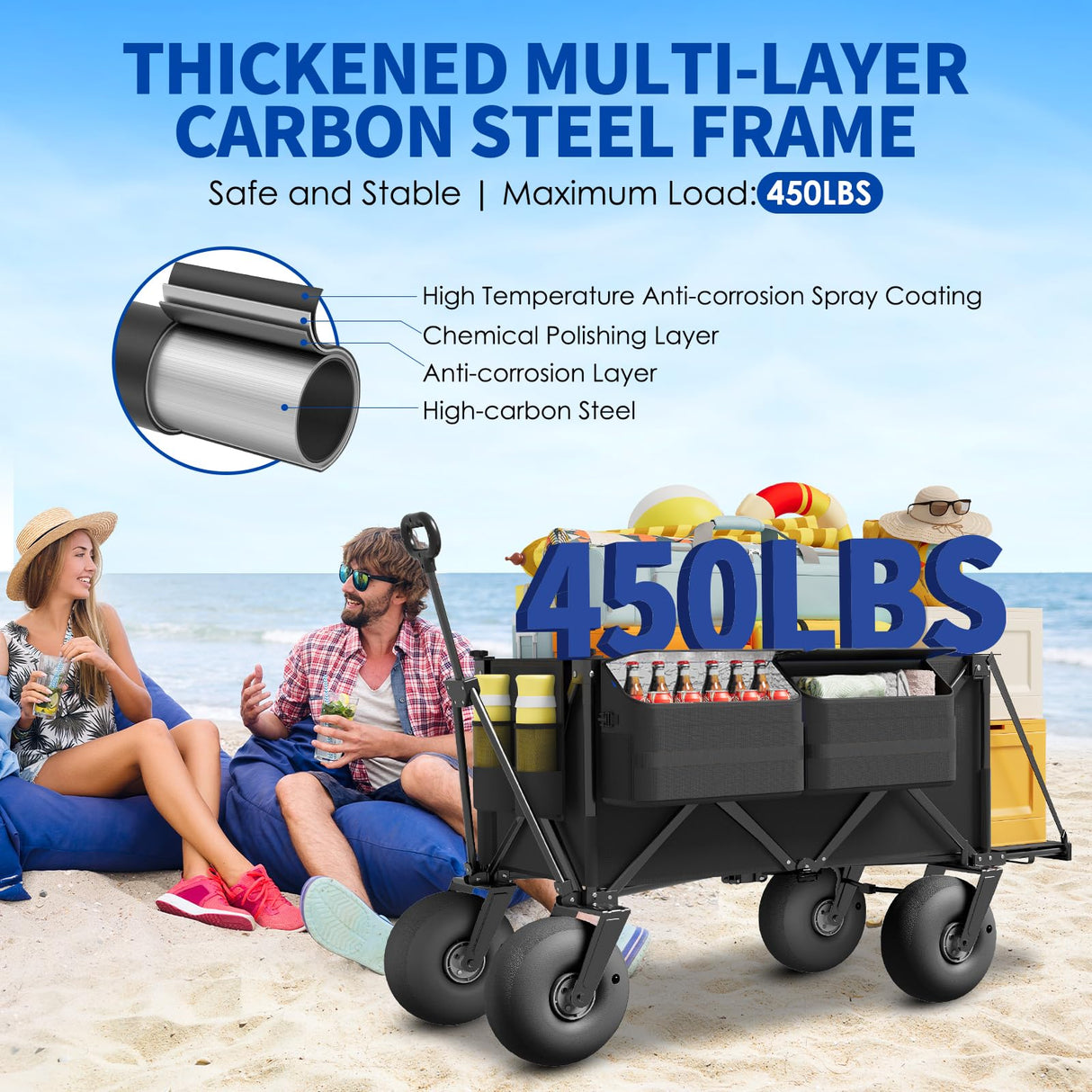Beach Wagon with Big Wheels for Sand - 450lbs Load Heavy Duty Wagons Carts Foldable with 9" All Terrain Inflatable Tires, Collapsible Beach Cart for Grocery Shopping Garden Sports Camping Outdoor