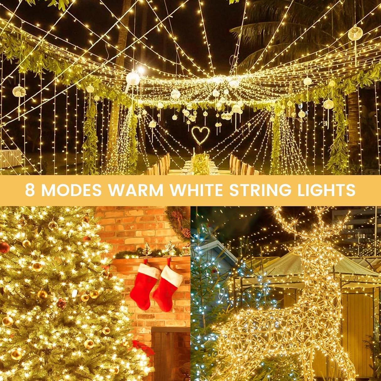 4 Pack Christmas String Lights Battery Operated with Timer, 132FT 400 LED Waterproof Twinkle Lights, 8 Modes Fairy Light for Indoor and Outdoor Bedroom Garland Tree Christmas Decorations (Warm White)