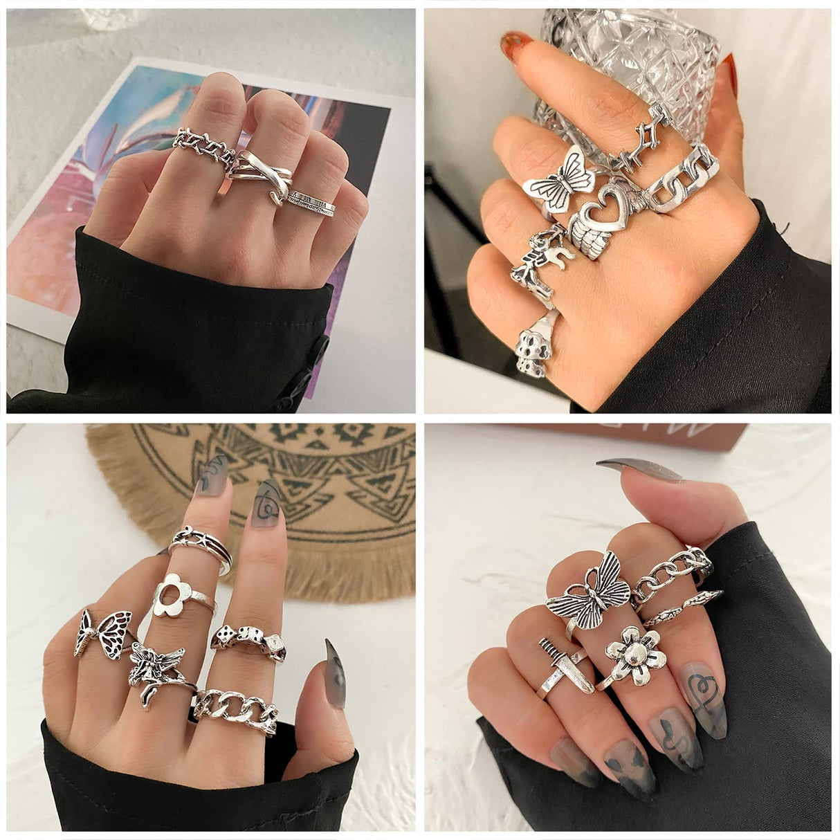 IFKM PCS Vintage Silver Knuckle Rings Set for Women Teen Girl, Stackable Joint Finger Statement Rings Bohemian Retro Hollow Carved Midi Rings, Steel, No Gemstone