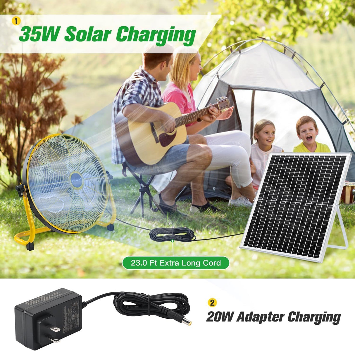 blessny 16" Large Solar Rechargeable Floor Fan with 35W Solar Panel for Home Outdoor Camping Gazebo Greenhouse Barn Poultry Pet House Cooling or Air Circulation, 23 Ft Long Cord