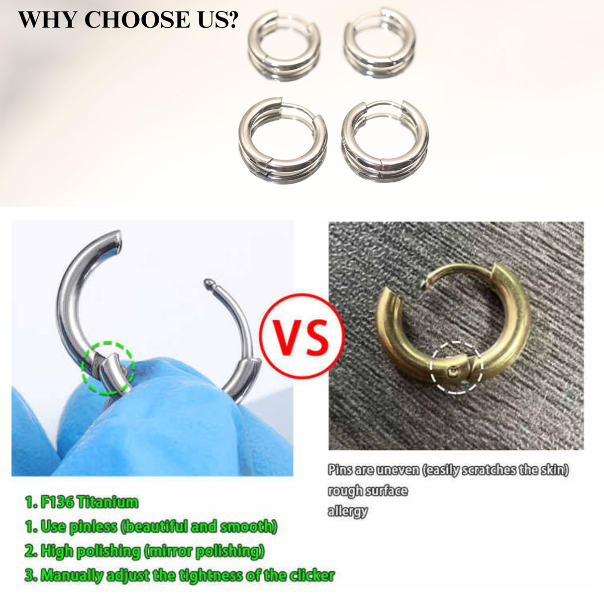 BLISI 3 Pairs ASTM F136 Titanium Silver Hoop Earrings 8mm/10mm/12mm Thick Lightweight Huggie Hoops Earrings for Women Hypoallergenic Sleeper Earrings for Sensitive Ears