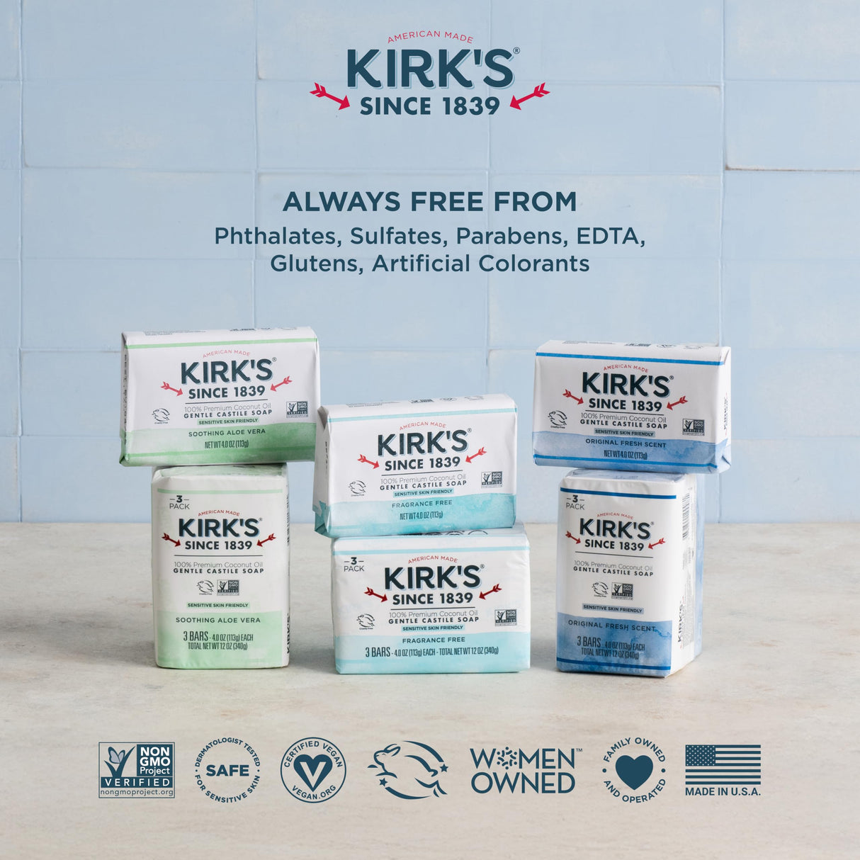 Kirk's Castile Bar Soap for Men, Women & Children - Made with Premium Coconut Oil, Sensitive Skin Formula, Vegan, Non GMO, Original Fresh Scent, 4 oz. Bars, 48 Pack