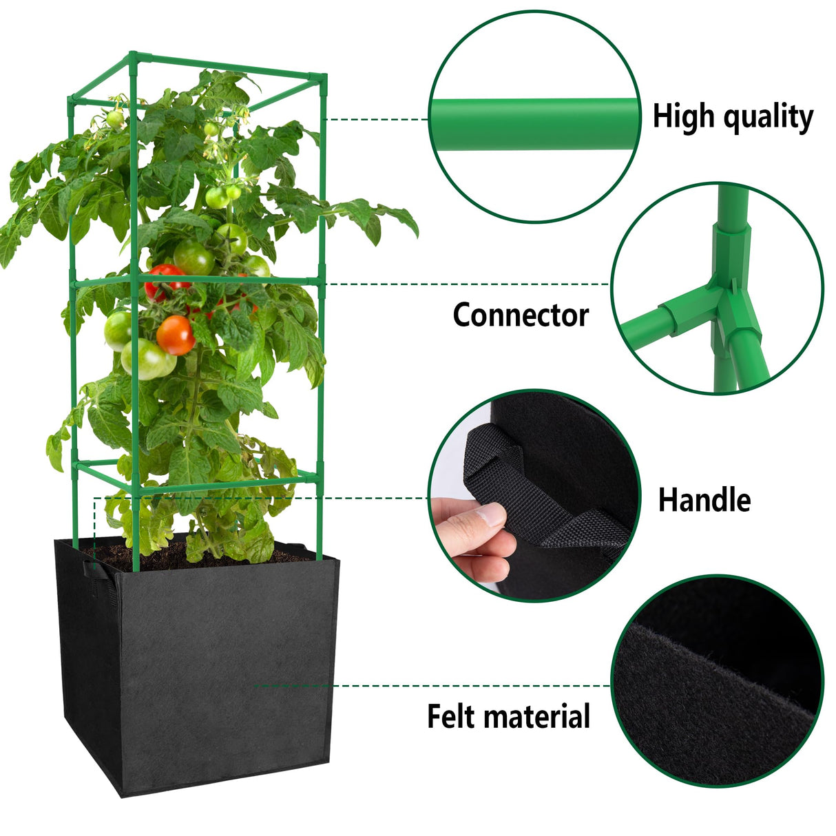 3 Packs 47 x 16 x 16 Inch Garden Tomato Cages with 17 Gallon Grow Bags- Square Plant Support Trellis Assembled with Planter Bags- Garden Cucumber Vegetables Frames for Vertical Climbing Plants