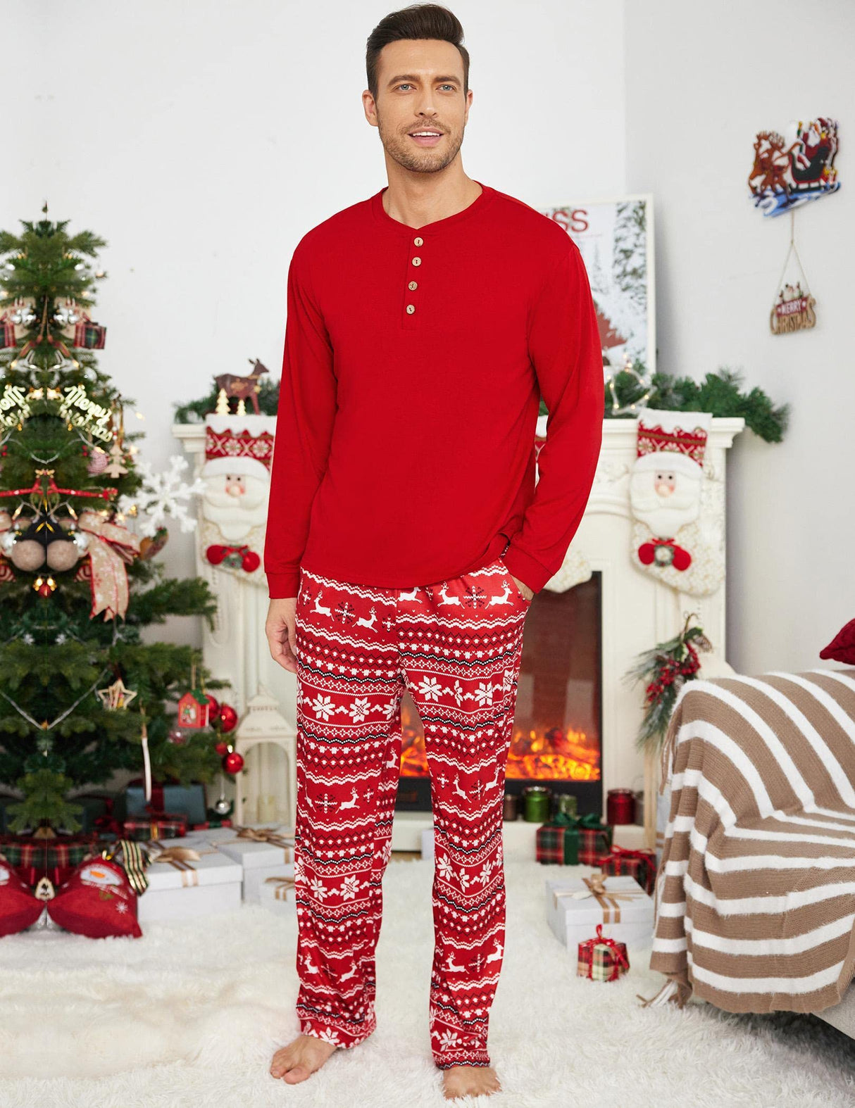 Ekouaer Family Christmas Pajamas Matching Sets Womens Mens Pjs Long Sleeve Sleepwear Holiday Lounge Sets Red S