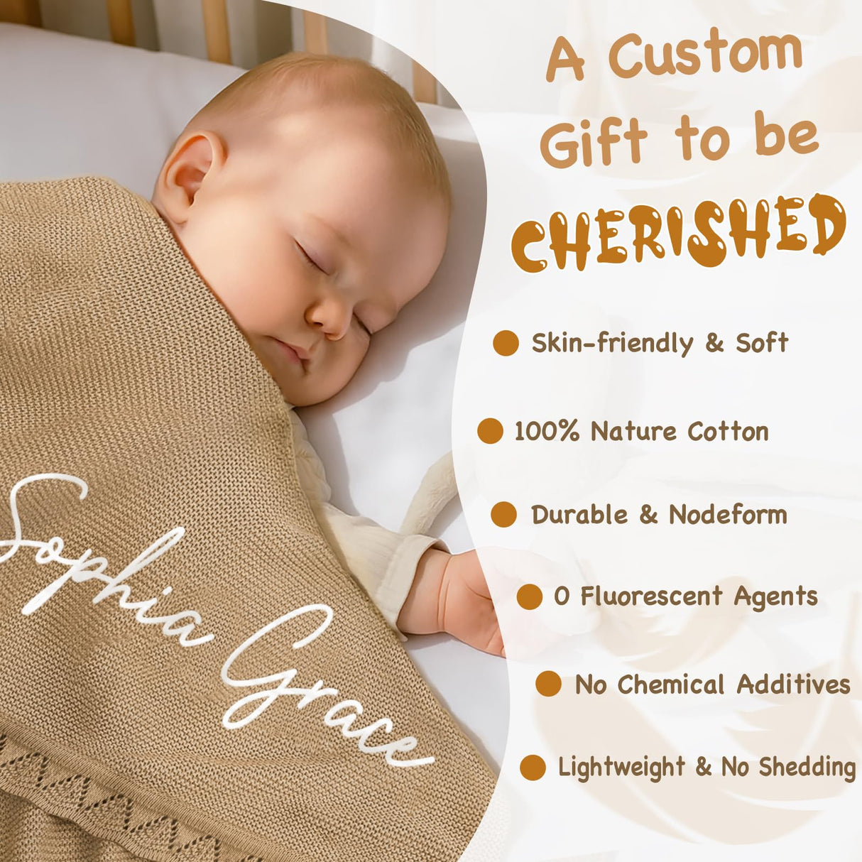 WNNNS Personalized Baby Blanket 100% Cotton Embroidered Name Knit Blanket Custom Baby Blanket for Boys Girls Customized Baby Gift for Christmas Baby Shower for Newborn Toddler Stroller Blanket