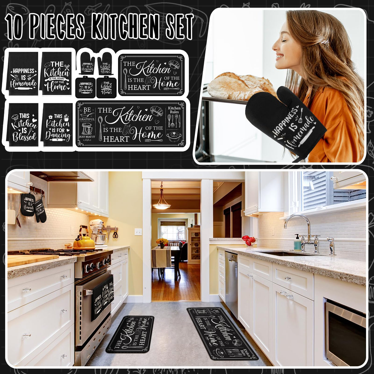 Fourluoo 10 Pcs Farmhouse Kitchen Decor and Accessories Set 4 Kitchen Towels 2 Pot Holders 2 Oven Mitts 2 Rugs for Christmas Thanksgiving Cooking Baking Daughter Mom Gifts(Black,Classic Style)