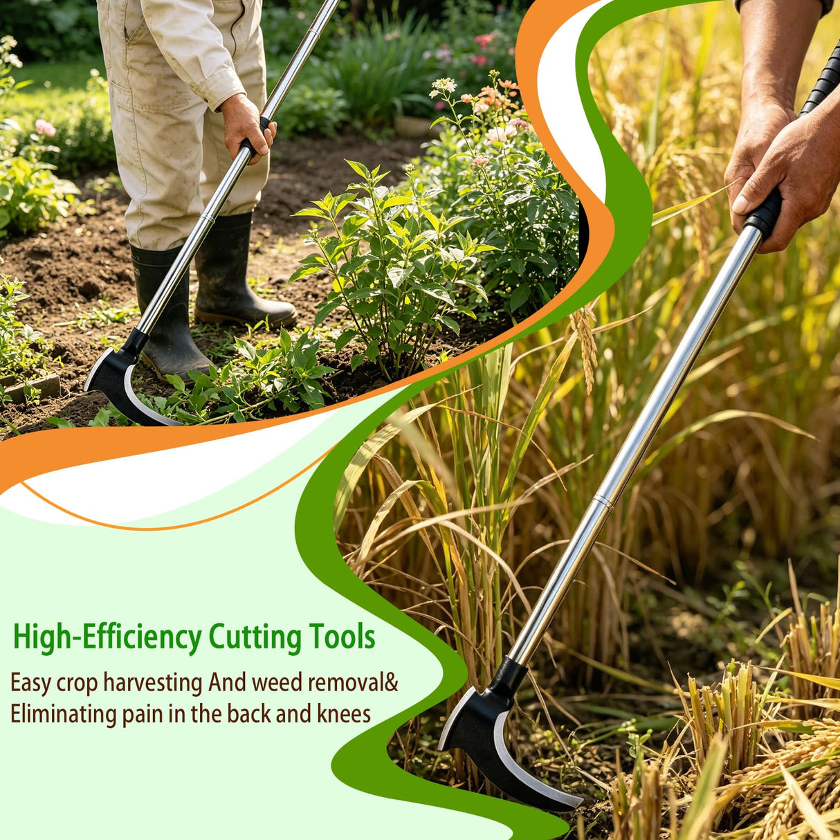 Haipeiyl Harvesting Weeding Sickle, Manual Weeder Tool with Sharp Double Blade Head, Upright Scythe for Weeding Farm Harvesting Clearing Vines Yard Gardening Pruning