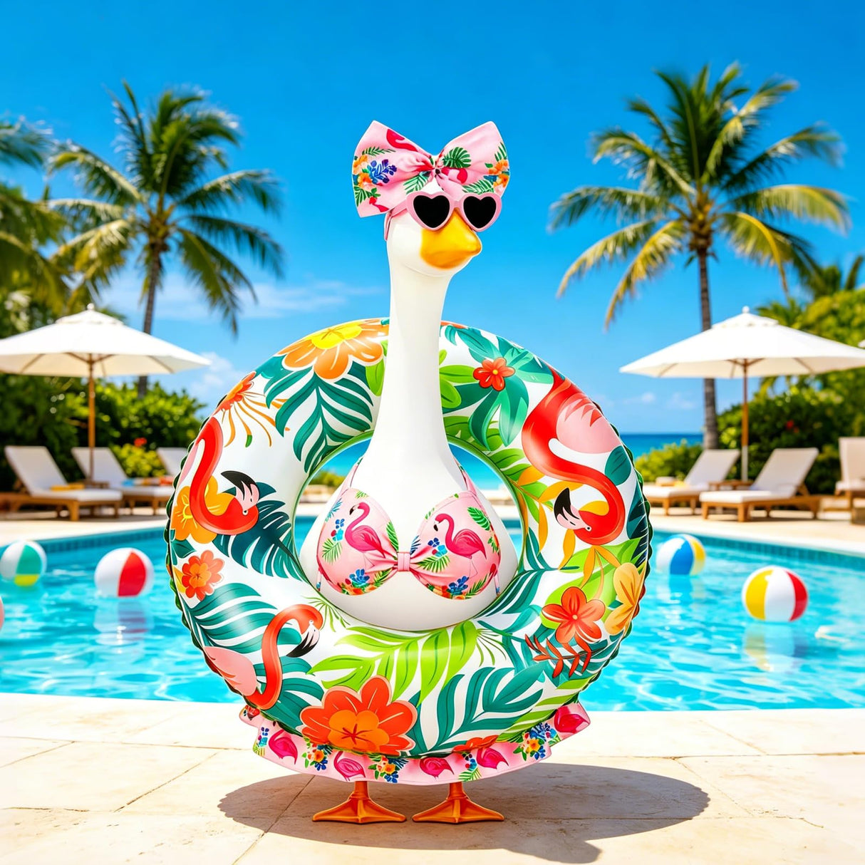 Ciyufavo 23 in Porch Goose Summer Outfit Bikini, Hawaiian Porch Goose Swimsuit Clothes Costume Accessories with Bow Glasses Swim Ring for 23" Summer Goose Garden Patio Statue Decor (Flamingos)