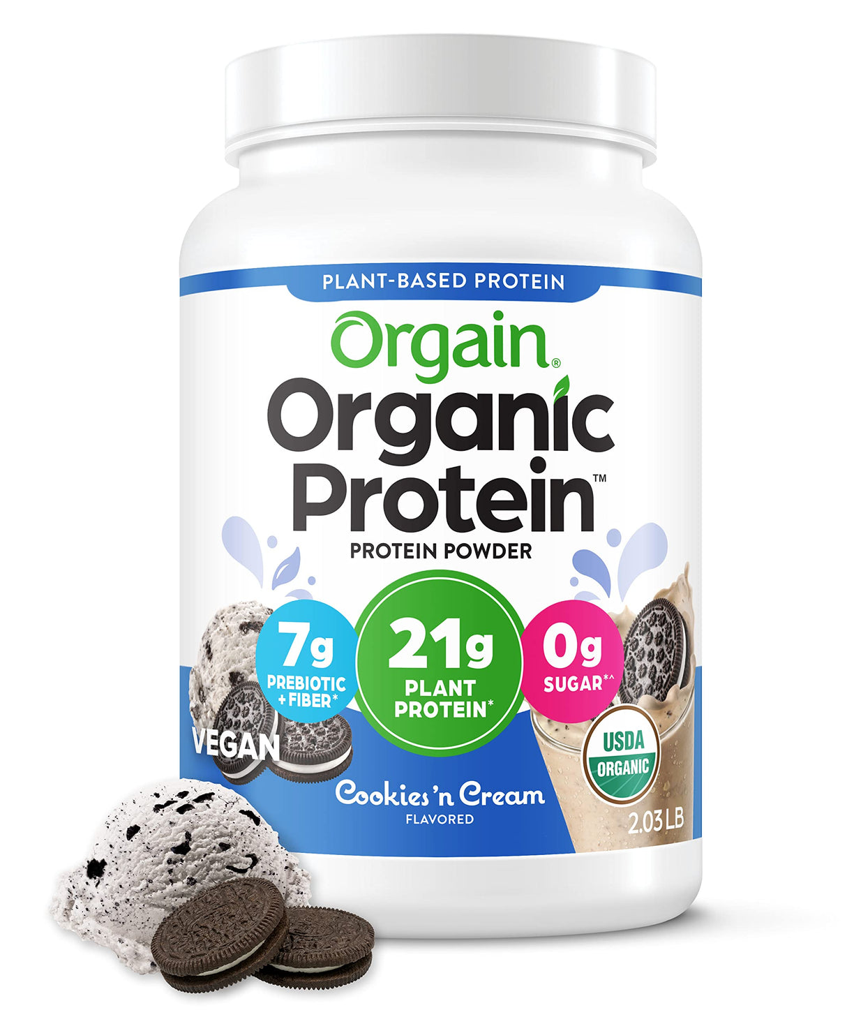 Orgain Organic Vegan Protein Powder, Cookies 'n Cream - 21g of Plant Based Protein, Low Net Carbs, Gluten Free, Lactose Free, No Sugar Added, Soy Free, Kosher, Non-GMO, 2.03 Lb