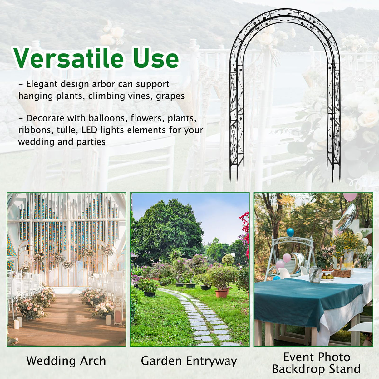 VINGLI Garden Arbor, Arch for Wedding Ceremony Party, Christmas Garden Decor Steel Garden Trellis for Plant Climbing, Pergola for Garden, Backyard, Lawn (Black-59x84)