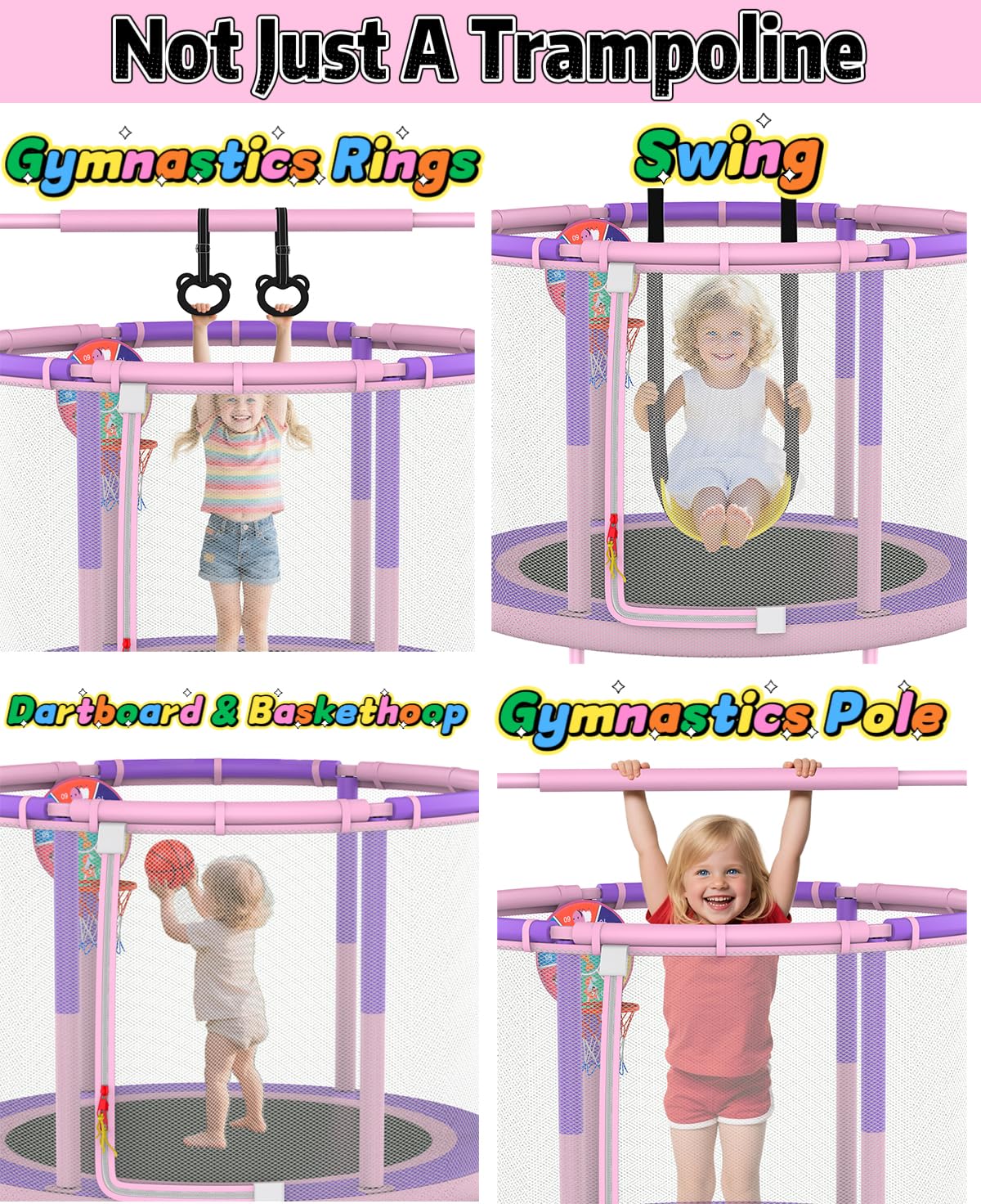 LANGXUN 60" Trampoline for Kids, 5ft Toddler Mini 6-in-1 Trampoline Indoor Outdoor with Swing, Basketball Hoop, Dart Board, Rings, Christmas Toys Birthday Gifts for Girls Boys