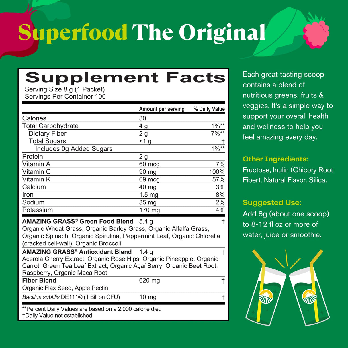 Amazing Grass Greens Blend Superfood: Super Greens Powder Smoothie Mix with Spirulina, Chlorella, Beet Root Powder, Digestive Enzymes, Prebiotics & Probiotics, Original, 15 Servings (Packaging May Vary)