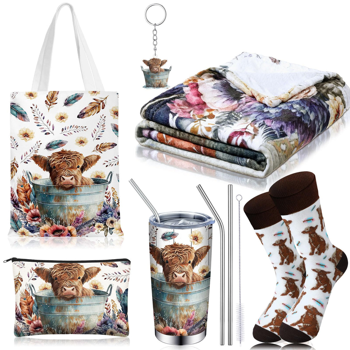 Tiangrid 6 Pcs Western Highland Cow Gifts for Women Include 20 oz Stainless Steel Tumbler with Lid Straw Cosmetic Bag Throw Blanket Keychain Socks Handbag for Highland Cow Lovers Birthday Christmas