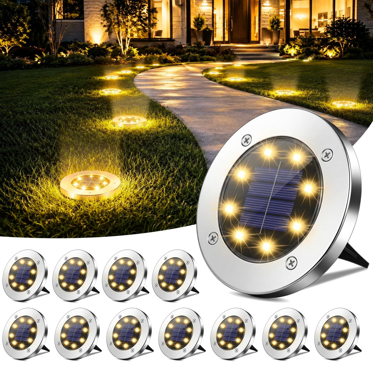 OULONGER Solar Lights Outdoor Waterproof, 12 Pack Solar Ground Lights with Large Capacity Battery, High Efficiency Solar Powered Lights for Outdoor Garden, Patio, Pathway and Yard (Warm Light)