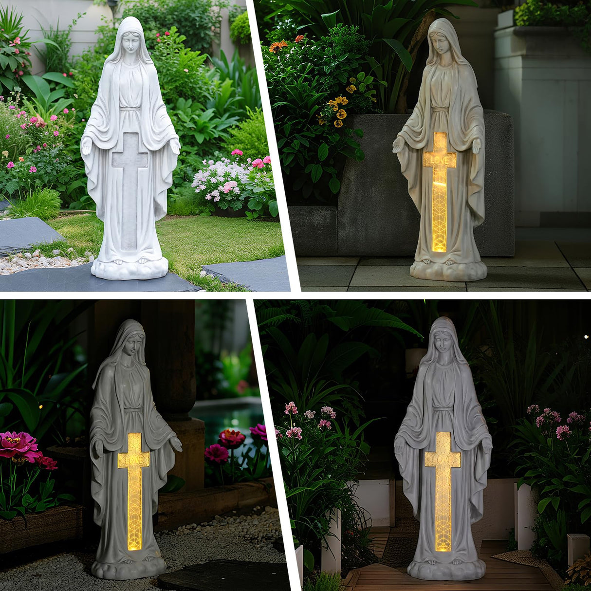 VChymm Solar Virgin Mary Praying Statue 27.9 Inch- Outdoor Religious Garden Decor with LED Lights, Weather-Resistant Magnesium Oxide Sculpture for Yard, Patio, Entryway (White Solar Virgin Mary)