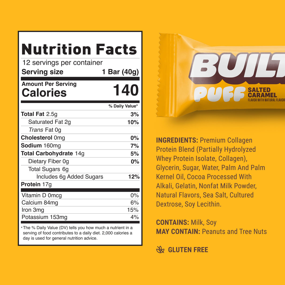Built Bar, Puff Protein Bars, Salted Caramel Puff, 17g Protein Snacks, On-The-Go Bars, Only 140 Calories, 6g Sugar, Collagen, Gluten Free, 12 Count