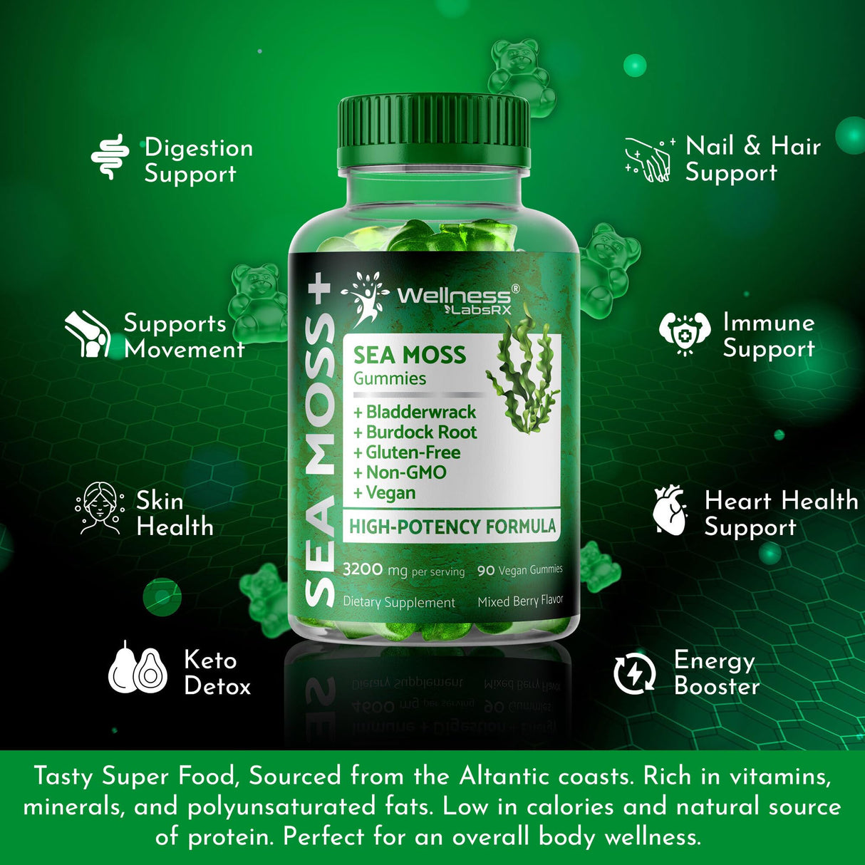 WELLNESS LABSRX Sea Moss Gummies, 3200mg Irish Sea Moss Mixed Berry Flavor with Maximum Potency Bladderwrack and Burdock Root - Supports Skin, Energy and Immunity - 90 Count