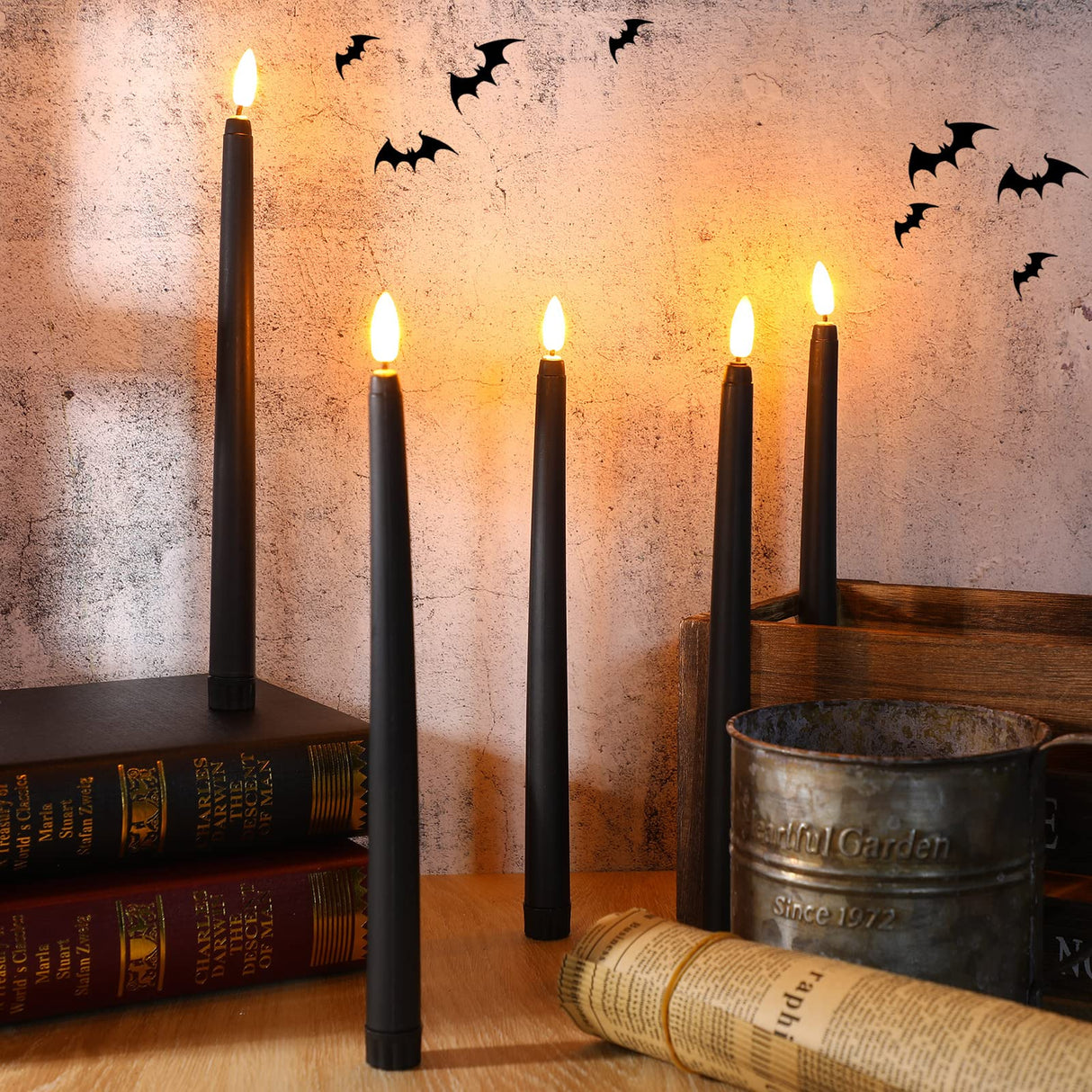 Macarrie 24 Packs Flameless Taper Candles Battery Operated Fake 11 Inch Long Candle Light LED Flameless Candlesticks Flickering Tapered for Wedding, Halloween, Christmas(Black)
