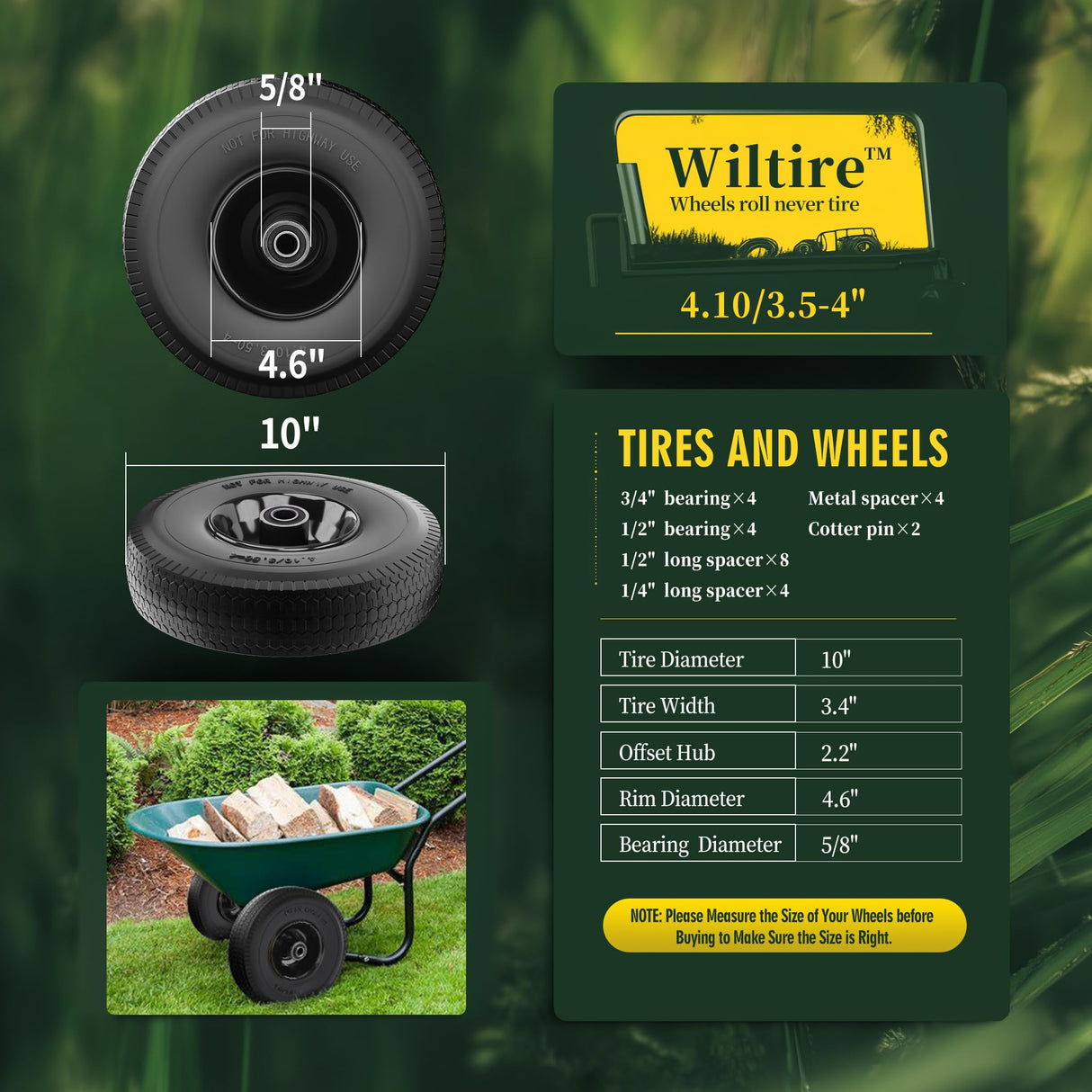Wiltire (2 Pack) 4.10/3.50-4 Flat Free Tire and Wheel 10-Inch Solid Wheel Replacement with 5/8 Extra 3/4 &1/2 Bearings,2.2" Offset Hub -Compatible with Hand Truck,Wheelbarrow(Wave,Black)