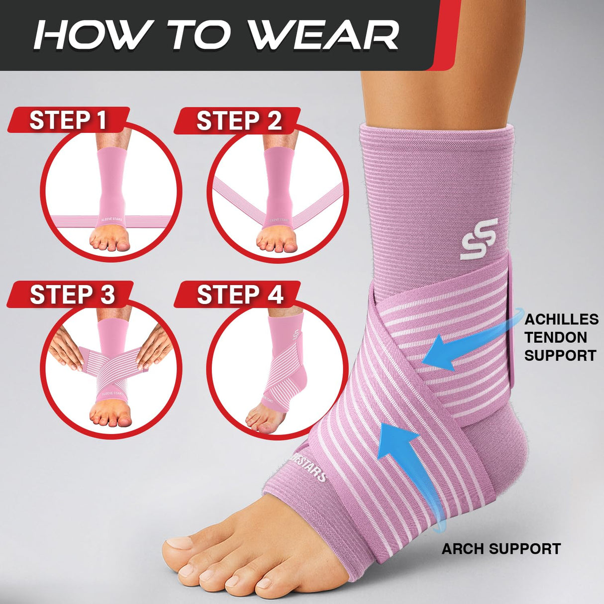 Sleeve Stars Ankle Brace for Sprained Ankle, Plantar Fasciitis Relief Ankle Support for Men and Women, Ankle Compression Sleeve w/ Strap (Single/Baby Pink)